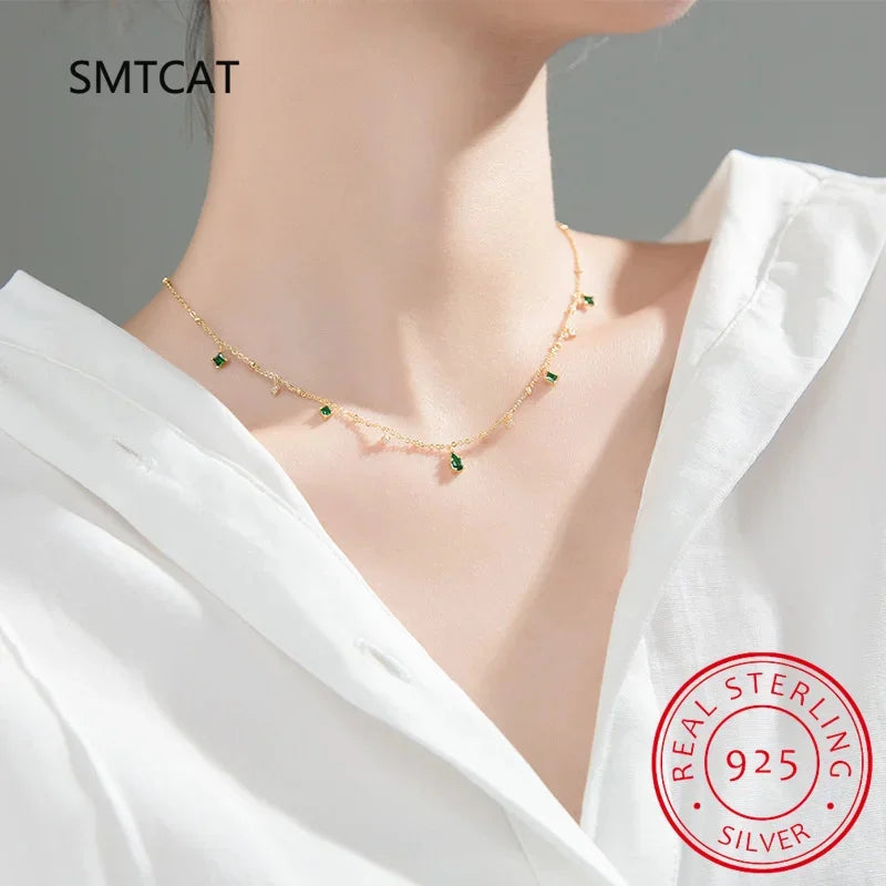 925 Sterling Silver Choker Necklace for Women Exquisite Green Zircon Clavicle Chain Necklace Gifts S-N742