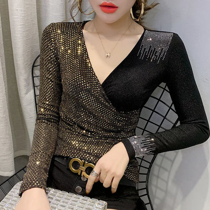 2023 New Fall Winter European Clothes Sexy V-Neck Patchwork Shiny Diamonds T-Shirt Women's Tops Long Sleeve Bright Tees 39129