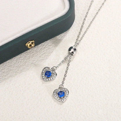 Classic Double Love Heart Blue Zircon Pendant Necklace Fashion Women Collarbone Chain Party Jewelry Sweater 925 Silver Necklace