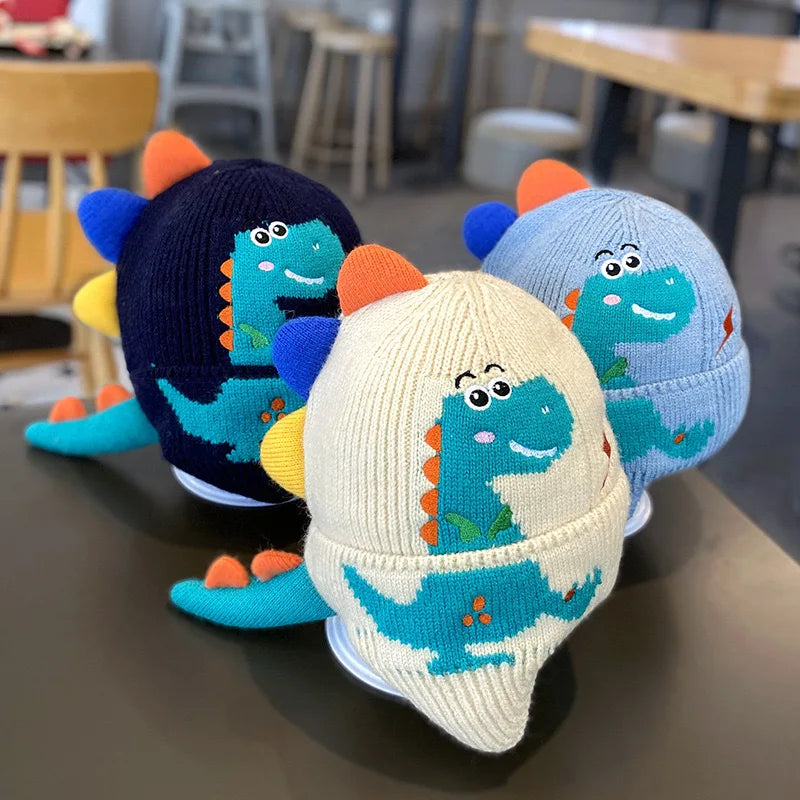 Winter Warm Baby Ear Protection Hat 3D Dinosaur Kids Earmuffs Cap Cartoon Toddler Woolen Knitted Hats 2-6 Years Children Beanies