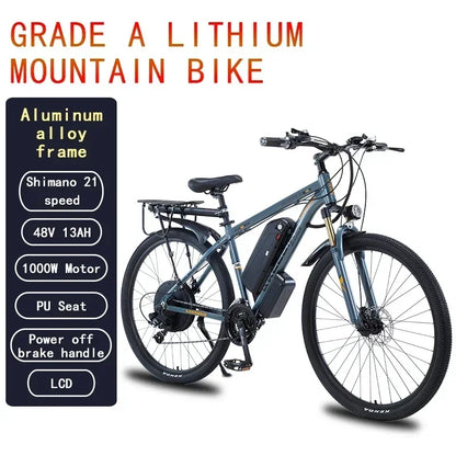 Ebike AKEZ 1000W CityElectricBike Detachable 13Ah Battery Electric Bike 60 Mile Range Dual Disc Brake Alloy Electric Bike