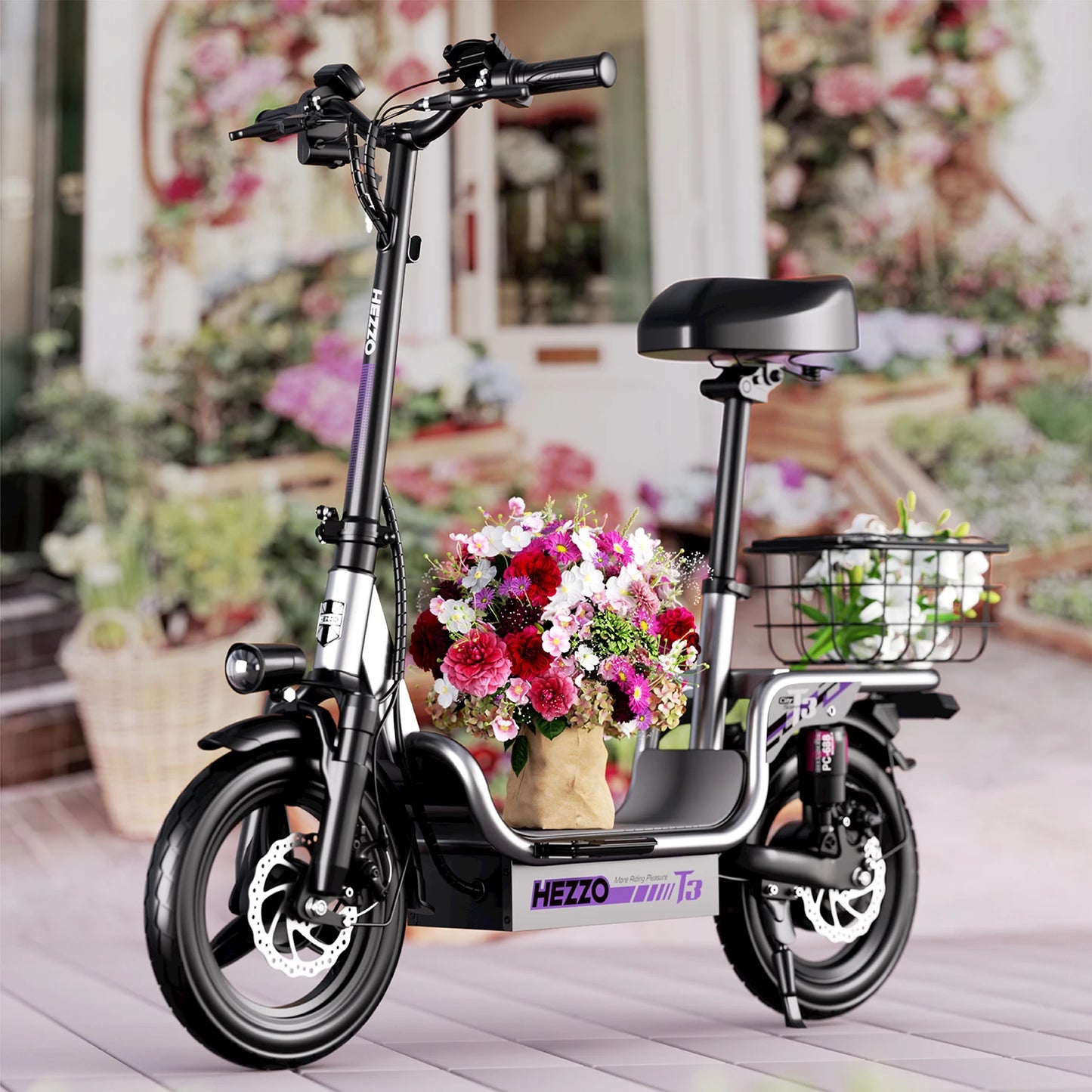 HEZZO Electric Scooter w/ Seat & Basket 48V 15Ah 500W Powerful Motor Foldable E-Scooter Ample Storage Up to 20Mph 25Miles Range