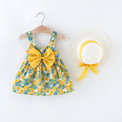 2Pcs/Set Flowers Baby Girl Dresses Summer Fashion Toddler Children Clothes Beach Smooth Dress Kid's Costume Hat 0 To 3 Y