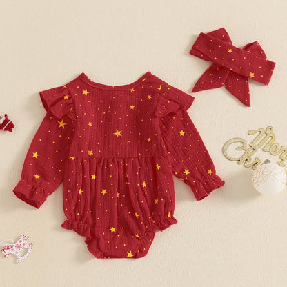 Autumn Christmas Infant Baby Girl Bodysuit Star Print Long Sleeve Jumpsuit Headband Xmas Clothes