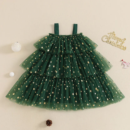 FOCUSNORM 1-9Y 2 Colors Little Girls Christmas Dress Strap Sleeveless Star Print Lace Layered Tulle Sundress with Plush Ball Hat