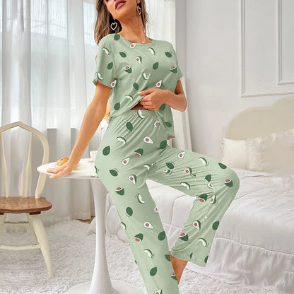 Womens Pajamas Sleepwear Set Soft Comfortable Short Sleeve Tops With Long Pants Pajama 2 Pieces Lingerie Women Home Clothes Suit