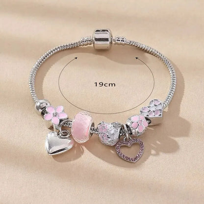 Obega Love Heart Flower Glass Pendant Charm Bracelet Classic Pink White Crystal Stone Adjustable Bead Bracelet Silver Gold Color