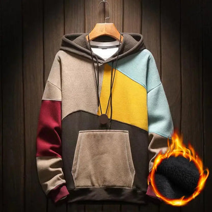 Men Autumn Hoodie Color Matching Thin Fleece Hooded Long Sleeves Oversized Big Pocket Casual Spring Harajuku Hoodie Men Clothing