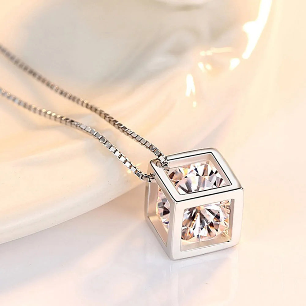 Square Hollow Cube Pendant Moissanite Necklace 925 Sterling Silver VVS Lab Diamond Necklace For Women Girls Gift Fine Jewelry