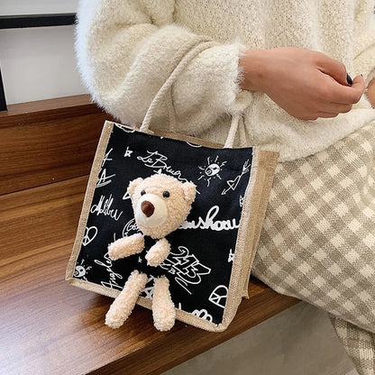 Cute Bear Tote Bag Canvas Girls Bag Student Coin Purse Gift Bag Simple Fashion Canvas Bag Canvas Bag Hand Shopping Tote Bag-ll