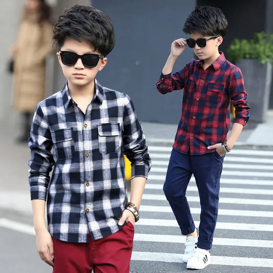 Boys Shirts Fashion Children Plaid Shirts Cotton Long Sleeve Boys Tops Shirt Teenage Kids Boys Clothes 5 6 8 9 10 12 14 15 Years