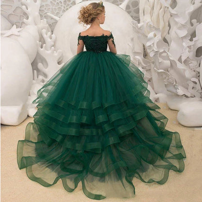 Gorgeous Green Flower Girl Dresses Scoop Neck Appliqued Beaded Long Sleeves Girl Pageant Gowns Ruffle Tiered Sweep Train Birthda