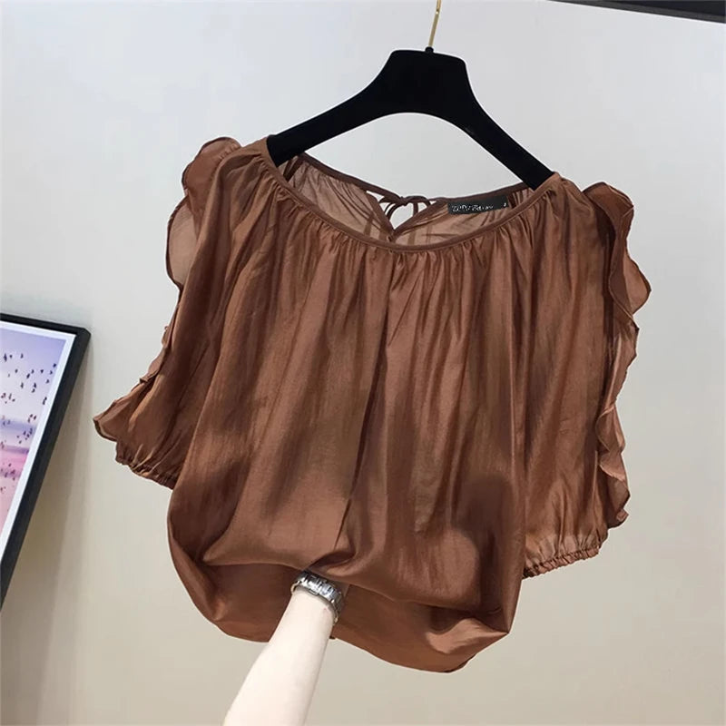 ZANZEA Women Cold Shoulder Blouses Fashion Ruffled Half Sleeve Tops 2024 Back Straps Pleated Tunics Summer Casual Loose Shirts