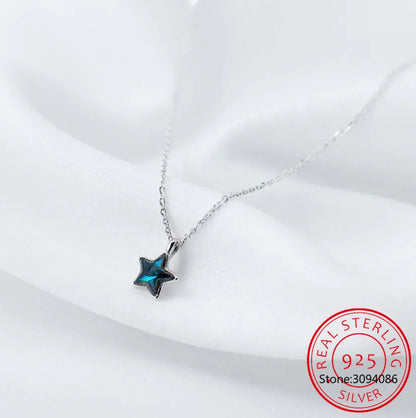 100% 925 Solid Sterling Silver Necklace Women Girl Sweet Star Blue CZ 40cm Short Clavicle Necklace For Teen Jewelry DS981