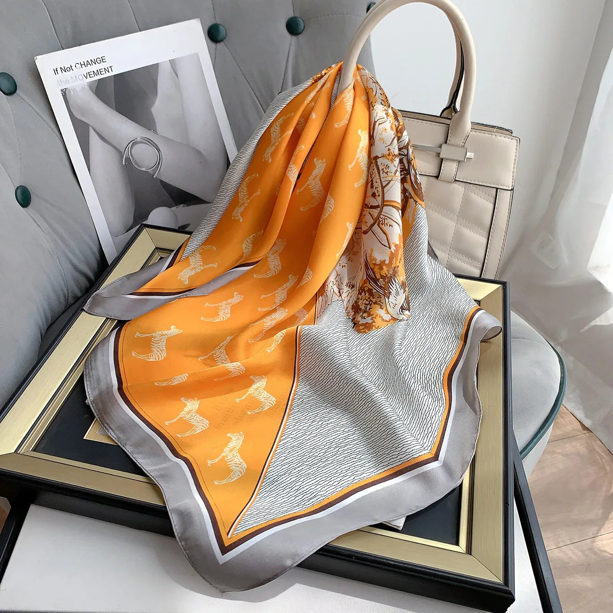 Luxury Square Scarf for Women Fashion  Animals Patchwork Prints Satin Silk Hair Bands Lady Neckerchief Headband Bandana 2023