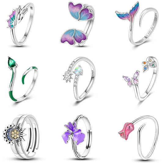 Ladies' Ring 925 Sterling Silver Flower And Butterfly Adjustable Size Sweet Ring Wedding Party Colorful Zircon Luxury jewelry