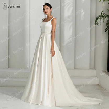 BEPEITHY Customized 2024 Square A Line Wedding Dresses Sweep Train Open Back Vintage Bride Ivory Bridal Gown Vestidos De Novias