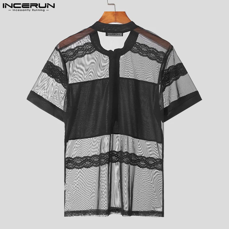 INCERUN Men T Shirt Mesh Patchwork Lace O-neck Short Sleeve Transparent Sexy Camsietas Streetwear Summer 2024 Fashion Tee Tops