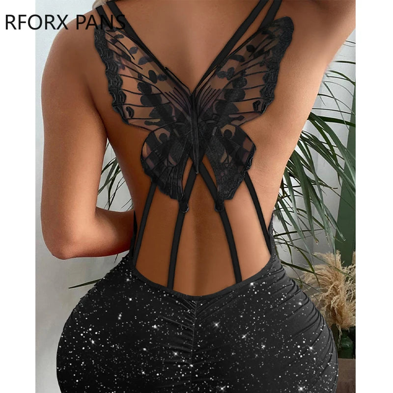 Women Elegant Glitter Halter Double Spaghetti Straps Butterfly Decor Back Sleeveless  Bodycon Sexy Mini Dress