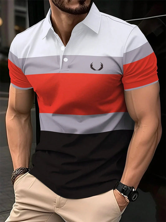 2024 New Men's Minimalist Striped Summer Short Sleeved Lapel 3D Digital Printed Polo Shirt for Men's Business and Leisure Tops