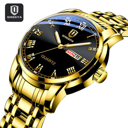 QINGXIYA Top Brand Luxury Gold Red Quartz Watch Men Stainless Steel Luminous Waterproof Watches Week Calendar Business Watch Men