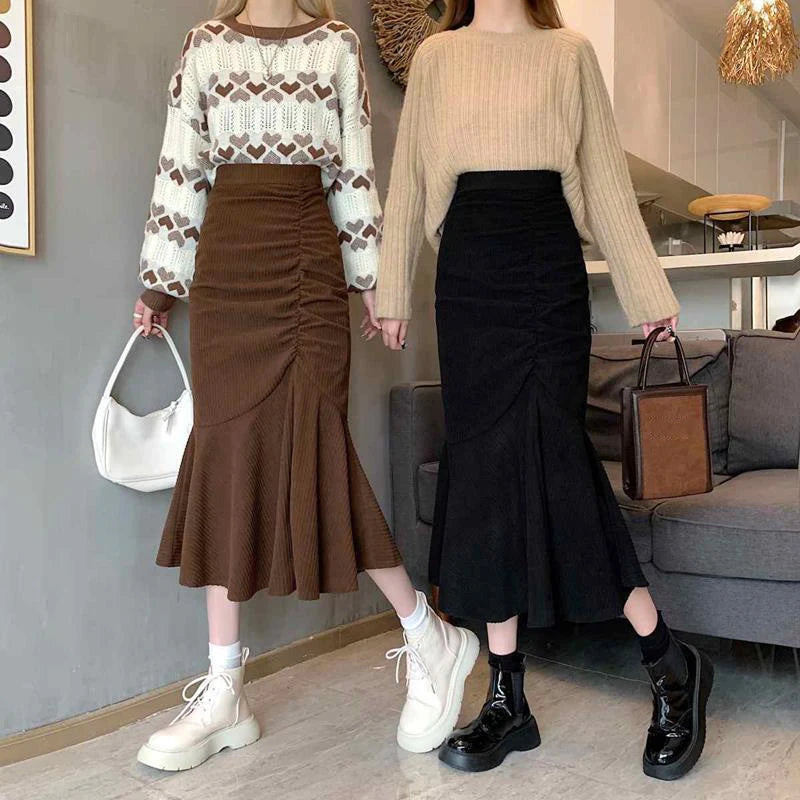 Lucyever Fashion High Waist Midi Skirts for Women 2023 Spring Slim Fit  Hip Mermaid Skirt Woman Korean Ruffles Brown Skirts 2XL