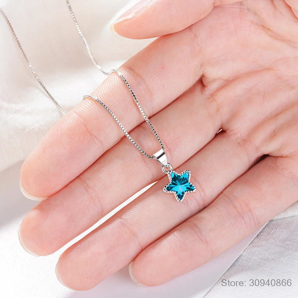 100% 925 Solid Sterling Silver Necklace Women Girl Sweet Star Blue CZ 40cm Short Clavicle Necklace For Teen Jewelry DS981