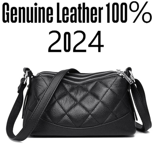 2024 New Women's Shoulder Bag 100% Genuine Leather Female Crossbody Bags Girl Tote Bolsas Three Layer Large Capacity Wallet Sac