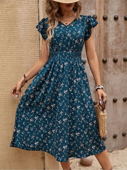 Women's Boho Dress 2024 New Elegant Floral Long Skirt  Beach Vacation V-neck Back Waist Elastic Short Sleeve Dresses For Women