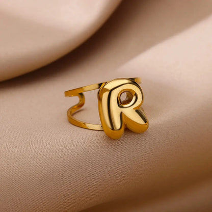 Initials Letter Rings for Women Stainless Steel Gold Color Opening Ring Waterproof Alphabet Letters Band Couple Wedding Jewelry