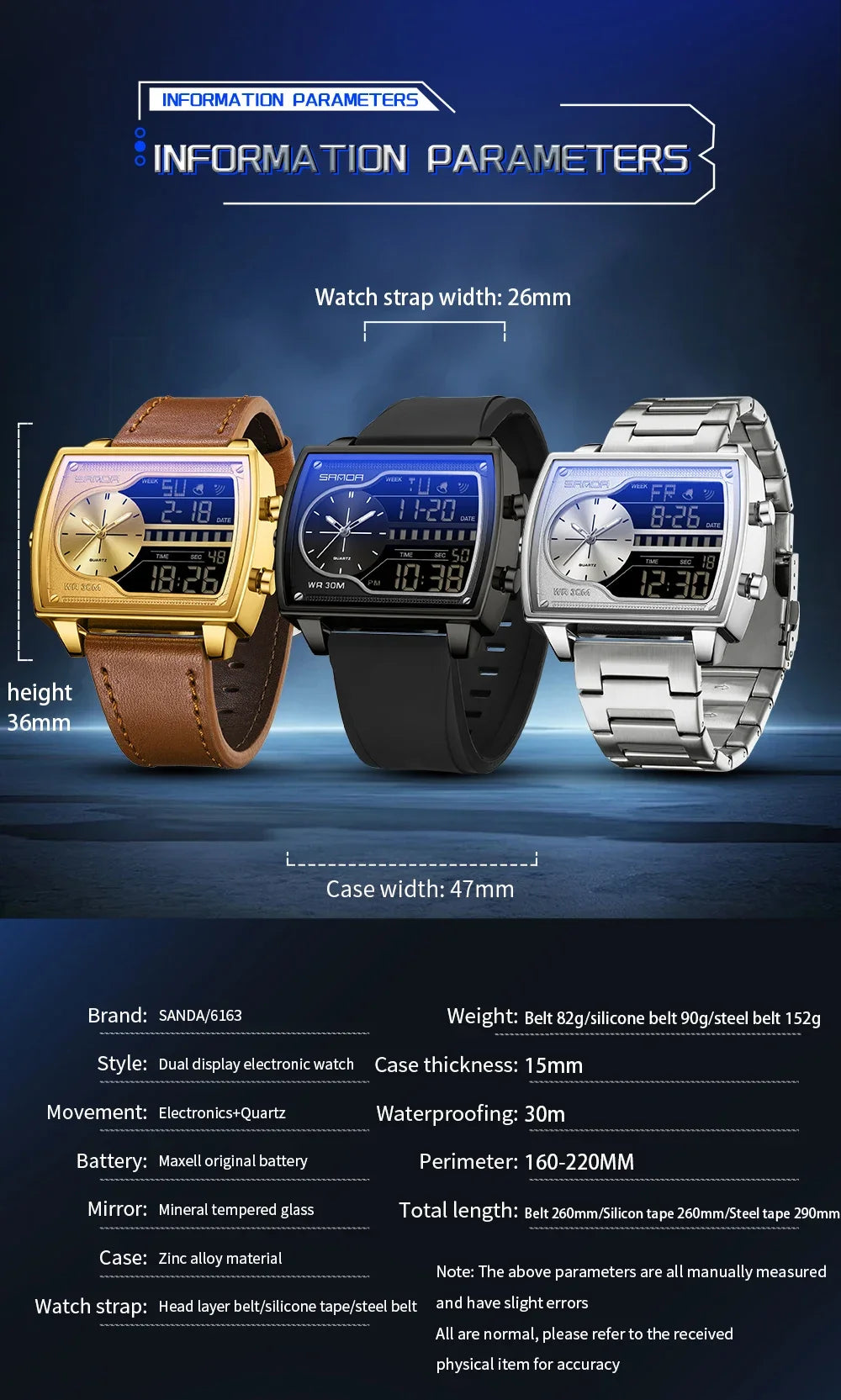 SANDA 6163 Fashion Trend Men's Quartz Watch Fashion Square Watch Countdown Sports Waterproof Dual Display Digital Men's Watches