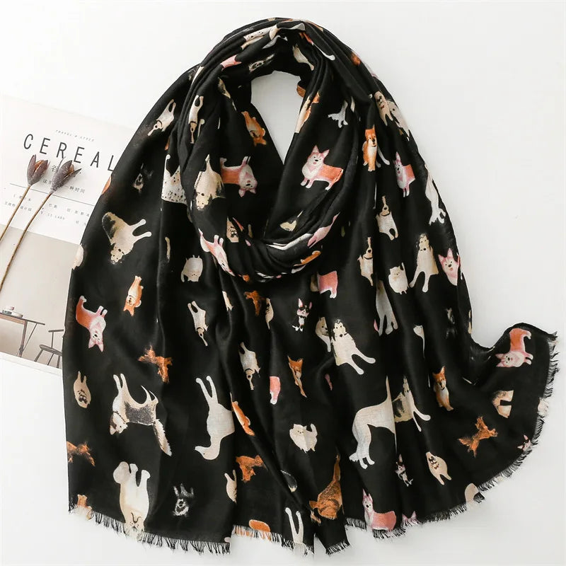 2023 Luxury Brand New Women Winter Autumn Scarf Casual Soft Cotton and Linen Fashion Cute Dogs Prints Warm Long Shawls Scarves