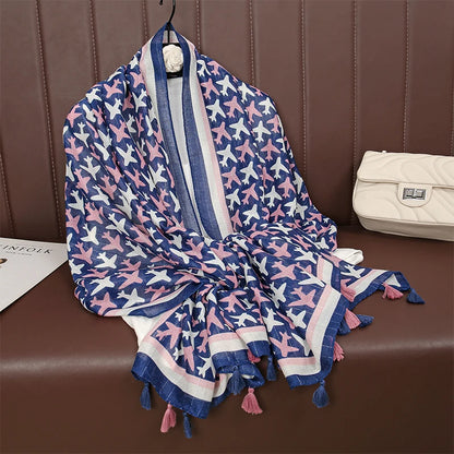 2024 Fashion Luxury Aircraft Ladies Women Scarf Female Long Shawl Tassel Four Seasons Versatile Floral Muslim Hijab Wrap Scarves