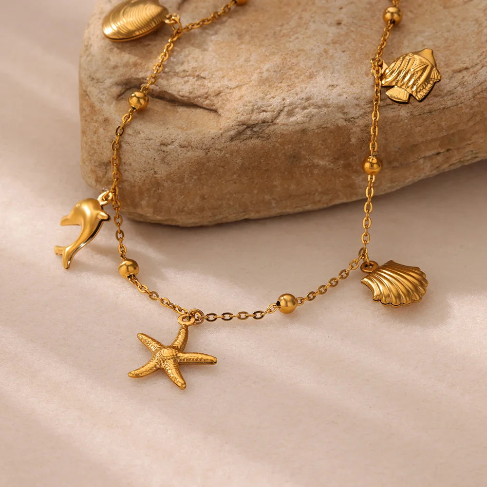 Starfish Dolphin Pendant Anklet Bracelet for Women Stainless Steel Gold Color Anklets Boho Summer Beach Jewelry Foot Accessories