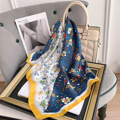 Luxury Floral 70cm Square Scarf for Women Design Satin Silk Neckechief Hair Ribbon Bandana Headband Female Wrist Wrap Shawl 2023