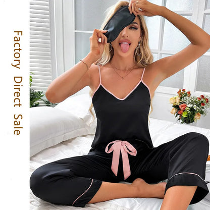 Women Sexy Satin Pijamas Set Lingerie Sleepwear Silk Saitn Nightwear Sleeveless Pajamas Set Home Wear Pyjama Femme Pyjamas