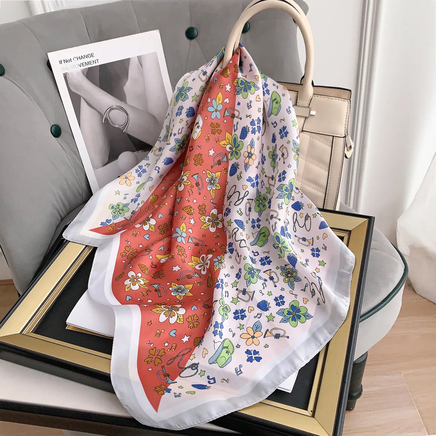 Luxury Floral 70cm Square Scarf for Women Design Satin Silk Neckechief Hair Ribbon Bandana Headband Female Wrist Wrap Shawl 2023