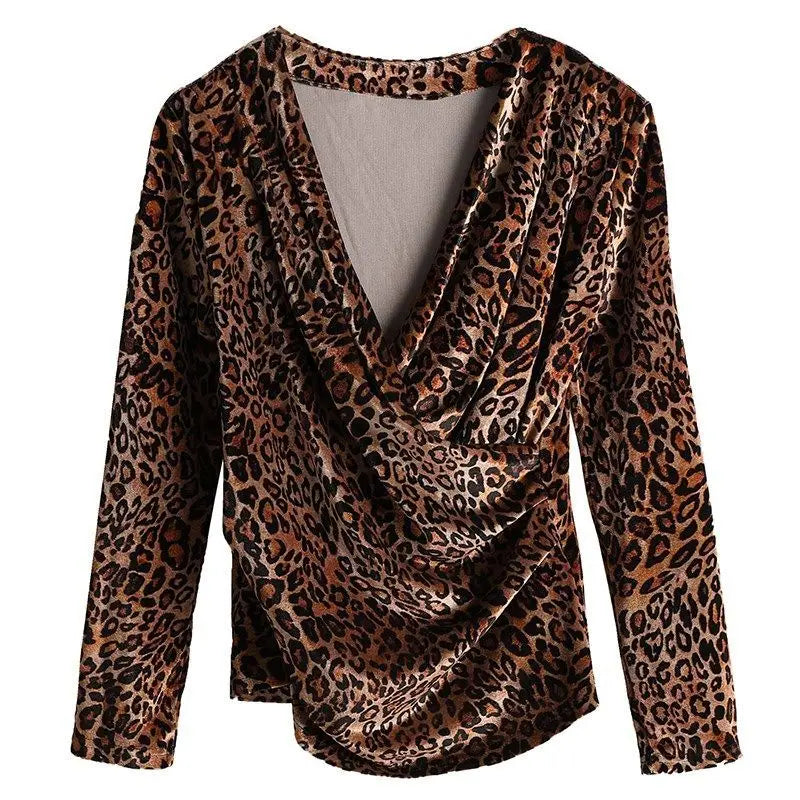 Spring New Leopard Female Clothing 2023 V-neck Pullovers Long Sleeve Bottoming Shirt Women Asymmetrical Slim Sexy T-shirt