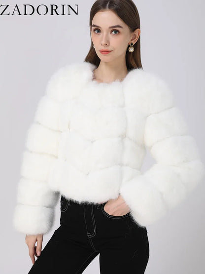 ZADORIN Faux Fur Coats Cropped Top For Women Jacket Winter 2024 Luxury Faux Fox Fur Coat Women Fluffy White Faux Fur Jacket Tops