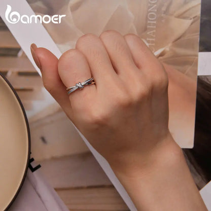 Bamoer Real 925 Sterling Silver Vintage Knot Band Rings For Women Retro Clear CZ Wedding Ring Bezel Fine Jewelry Gift Making