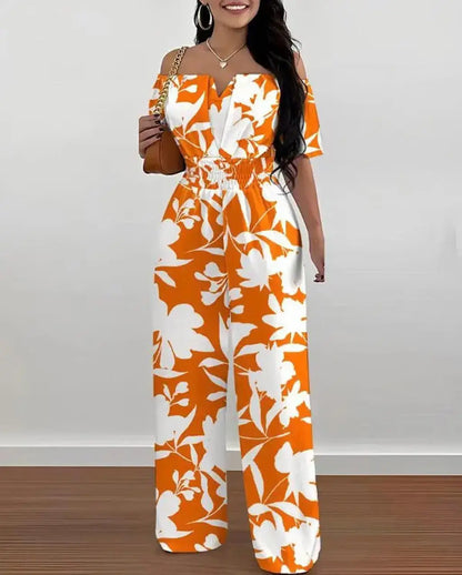 Summer Fashion Printed Wide Leg Jumpsuit Women Sexy Slash Neck Off-shoulder High Waist Jumpsuit Womem