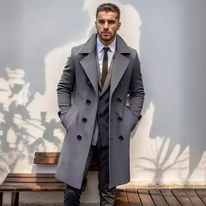 2024 Autumn and Winter High-quality Thick Long Double Breasted Men's Woolen Coat Slim Fit Woolen Coat