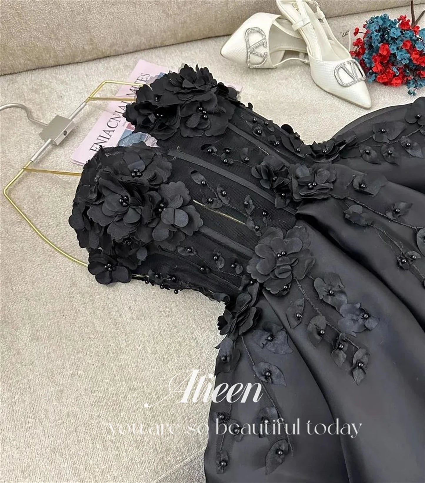 Aileen Black 3D Flowers Satin Wedding Party Dress Luxurious Women's Evening Dresses for Special Occasions Elegant Woman Gala