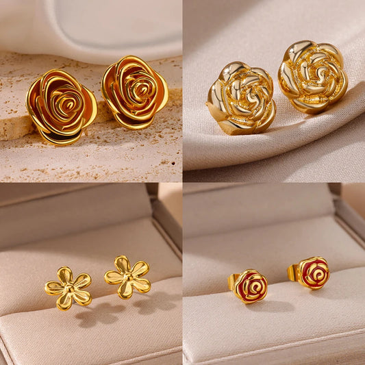 Goth Rose Flower Pendientes Stud Earrings For Women Stainless Steel Piercing Earring 2024 New Trend Fashion Jewelry aretes mujer