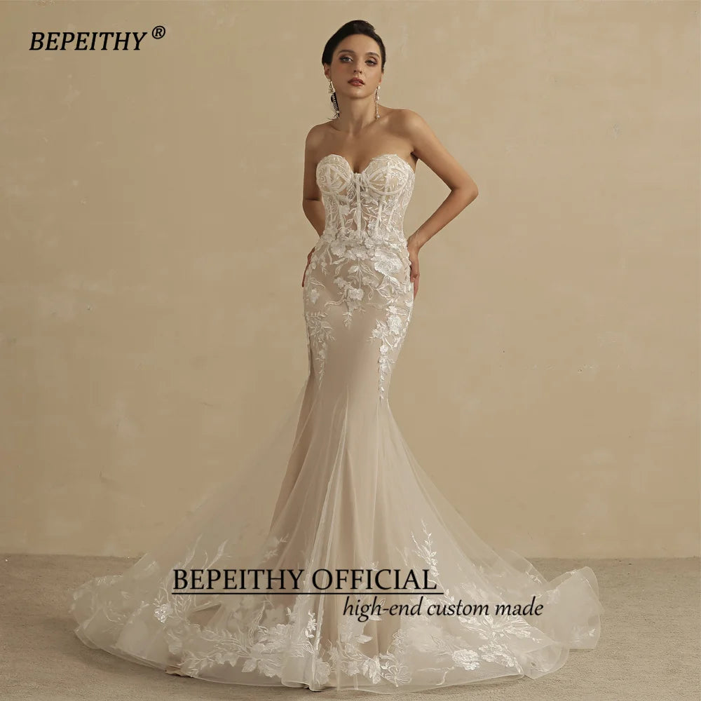 BEPEITHY Customized Sweetheart Mermaid Wedding Dress For Women Ivory Lace Sleeveless Trumpet Vintage Bride 2022 Bridal Gown New