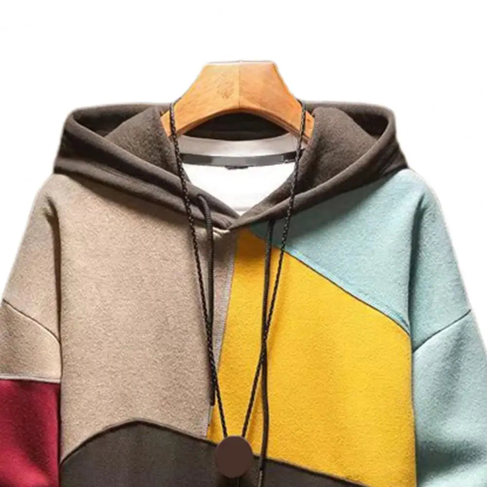 Men Autumn Hoodie Color Matching Thin Fleece Hooded Long Sleeves Oversized Big Pocket Casual Spring Harajuku Hoodie Men Clothing