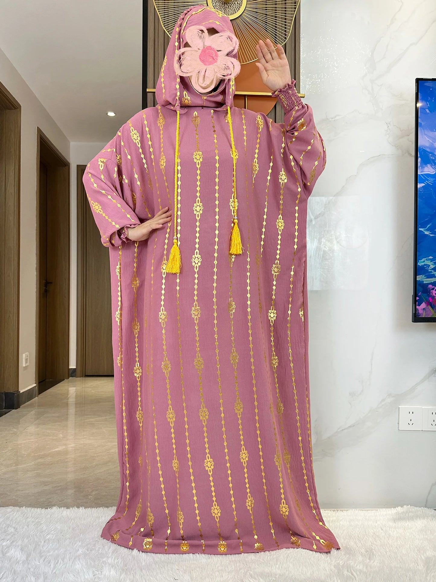 New Cotton Ramadan Muslim Two-Hat Abaya Dubai Turkey Islam Prayer Clothes Gold Dust   Dress Islam Women Dress Kaftan