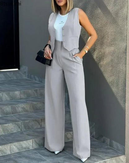 New 2024 Women's Summer Casual 2PCS Pants Sets Solid Vest +Pants Sets Elegant High Waist Wide Leg Outfits Women Matching Sets