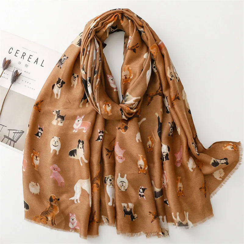 2023 Luxury Brand New Women Winter Autumn Scarf Casual Soft Cotton and Linen Fashion Cute Dogs Prints Warm Long Shawls Scarves