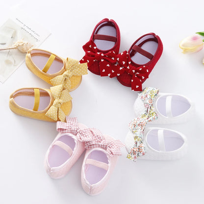 Cute Bowknot Shoes With Hairband For Baby Girls Toddler Soft Shoes Infant Toddlers Walkers Print Princess Shoe First Walkers